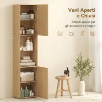 HOMCOM Colonna da Bagno Slim 6 Ripiani, 2 Ante, Scomparti Aperti, Ripiano in Vetro Temperato, Ripiani Regolabili, Rovere(m-4)
