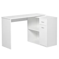 HOMCOM Bureau d'angle rotatif à 180°, bureau d'ordinateur, bibliothèque, tiroir, placard, poste de travail, 117x82x74cm, blanc(m-1)