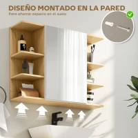 HOMCOM Armario de Baño de Pared con Espejo Puerta Estantes Abiertos 80x20x59 cm Natural(m-6)