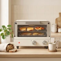 HOMCOM Mini Oven, Small Toaster Oven with Glass Door, Adjustable Temperature and Timer, Accessory Included, 750W, Cream White(m-9)