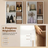 HOMCOM Meuble de Salle de Bain, Meuble de Rangement, 2 Portes, 4 Compartiments Ouverts et Étagères Réglables, Blanc et Naturel(m-5)