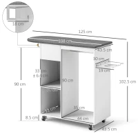 HOMCOM Dulap cu masă de călcat cu roți, suport pentru fier de călcat, bară pentru haine, sertar și rafturi, 125 x 43,5 x 112 cm, alb(m-3)