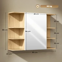 HOMCOM Armario de Baño de Pared con Espejo Puerta Estantes Abiertos 80x20x59 cm Natural(m-3)