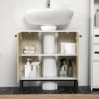 kleankin Mobile Bagno Sotto Lavabo a 2 Ante con Ripiano Interno in Truciolato e Acciaio, 60x30x60 cm, Bianco e Rovere(m-8)