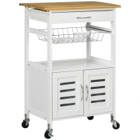 HOMCOM Chariot de service desserte de cuisine à roulettes meuble de rangement avec plateau en bambou panier en métal et armoire avec 2 portes persiennes dim. 58L x 37l x 83H cm - blanc(m-12)