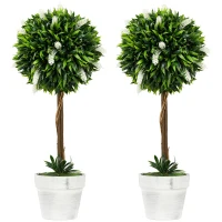 HOMCOM Set of 2 Decorative Artificial Plants Ball Trees with Flower for Home Indoor Outdoor Decor, 60cm ,White(m-1)