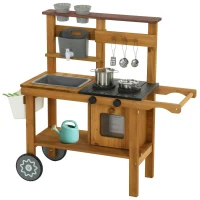AIYAPLAY Matschküche Kinder Outdoor Spielküche aus Holz mit Wasserhahn Spüle Pflanzkasten Rädern Stauraum für 3-6 Jahre Braun(m-11)