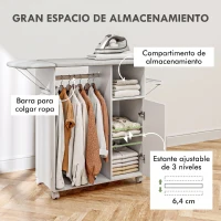HOMCOM Mueble de Planchar con Ruedas Barra para Colgar Ropa Estante Abierto y Tablero Plegable 127x42,5x99 cm Blanco(m-6)