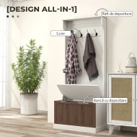 HOMCOM Dulap de Haine 3 în 1 cu 4 Cârlige și Bancă cu Spațiu de Depozitare, din Lemn, 71.5x39.5x170 cm, Alb(m-4)