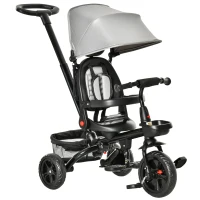 HOMCOM Dreirad mit Schubstange drehbarer Sitz 4-in-1 Kinderdreirad Kinder Fahrrad klappbar abnehmbar Kinderauto Metall EVA Grau 111,5 x 52 x 98 cm(m-8)
