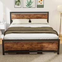 HOMCOM Cadre de lit double 200 x 160 cm en acier avec sommier et tête de lit compatible matelas aspect bois foncé(m-2)