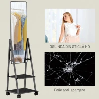 HOMCOM Oglindă Verticală de Podea cu 2 Rafturi și 4 Roți, din Oțel și Lemn, 42x37x155 cm, Negru(m-7)