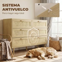 HOMCOM Cómoda para Dormitorio con 6 Cajones con Frontal de Ratán Patas de Madera Cajonera Estilo Bohemio 110x40x75 cm Roble(m-6)
