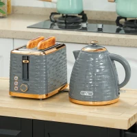 HOMCOM 3000W 1.7L Rapid Boil Kettle & 2 Slice Toaster, Kettle and Toaster Set with 7 Browning Controls and Crumb Tray, Grey(m-2)