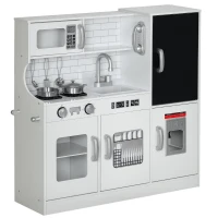AIYAPLAY Kinderküche, Spielküche mit Telefon, Kreidetafel, Mikrowelle, Herd, Spüle, Zubehör, Eiswürfelmaschine, 3-8 Jahre, Weiß(m-12)