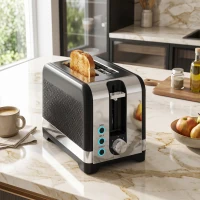 HOMCOM 2-Scheiben-Toaster mit 7 Bräunungsstufen, Aufwärm-/Auftau-/Abbruchfunktionen, Wärmerost, 930 W(m-2)