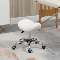 HOMCOM Height Adjustable Saddle Stool with Swivel Wheels, Faux Leather Salon Chair for Hairdressing, Beauty, Tattoo, White(m-10)