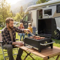 Outsunny Holzkohlegrill aus Stahl tragbarer BBQ Smoker mit Deckel verstellbare Lüftung zweistufige Kohlepfanne Thermometer(m-10)