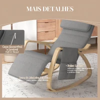 HOMCOM Cadeira de Baloiço com Apoio para os Pés Ajustável em 5 Posições, Bolso Lateral, Apoios de Braços em Madeira e Apoio de Cabeça, Cinzento(m-6)