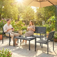 Outsunny 4 Piece Garden Furniture Set, Outdoor Sofa Set with HDPE Slatted Loveseat Armchairs Coffee Table Metal Frame, Black(m-10)