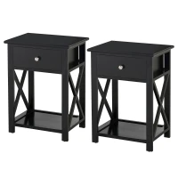 HOMCOM Lot de 2 table de chevet table d'appoint bout de canapé table de nuit avec un tiroir et étagère en bois noire(m-11)