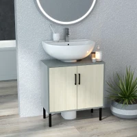 kleankin Mobile Bagno sottolavabo con Doppia anta e ripiano in Truciolato, 60x30x60cm, Grigio e color Quercia(m-10)