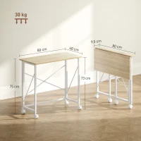 HOMCOM Secretária Dobrável com Rodas Mesa de Secretária Compacta Portátil para Espaços Pequenos 80x40x75 cm Madeira e Branco(m-3)