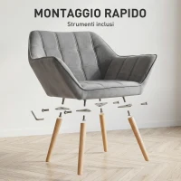 HOMCOM Poltroncina Stile Nordico in Legno ed Effetto Velluto Grigio per Soggiorno o Ufficio, 67x61.5x71 cm(m-8)