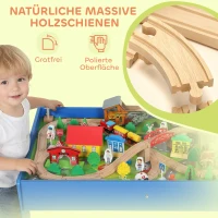 AIYAPLAY Spieltisch, 108-teiliges Eisenbahn-Set aus Holz, mit abnehmbarer Tischplatte, Eisenbahntisch, 98x60,5x40 cm, Blau(m-5)