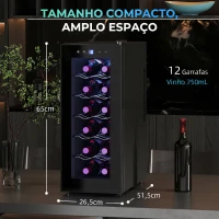 HOMCOM Cave de Vinhos 12 Garrafas com Dupla Refrigeração Termoelétrica Temperatura Ajustável 8-18℃ Porta de Vidro Anti-UV Ecrã LED Luz Interior Preto(m-3)