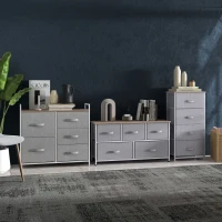 HOMCOM Lot de 3 commodes en tissu meuble de rangement chiffonnier 14 tiroirs non-tissés gris structure acier blanc plateau(m-10)