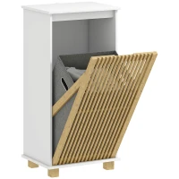 HOMCOM Meuble salle de bain avec panier à linge, porte à lattes en bambou et sac amovible, blanc et effet bois naturel(m-11)