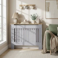 HOMCOM Slatted Radiator Cover, Painted Cabinet with Line Grill Design, 112L × 19W × 81H cm, Grey(m-9)