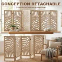 HOMCOM Paravent interieur en bois 6 panneaux 240 x 170 cm, pliable et portable, motif de feuille, design amovible, bois naturel(m-4)