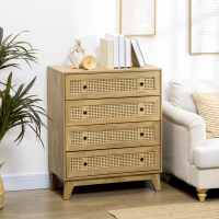 HOMCOM Chest of Drawer with 4 Rattan Drawers, Beside Table with Door, Natural(m-8)