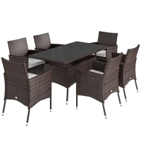 Outsunny 7 tlg. Polyrattan Gartenmöbel Rattan Gartenset Sitzgruppe Garnitur Essgruppe inkl. Kissen 6 Personen Braun+Creamweiß 150 x 80 x 74 cm(m-1)