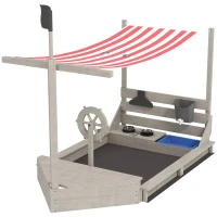 Outsunny Sandkasten mit Sonnendach Piratenschiff, inkl. Kinderküchenspielset, Massivholz, 180 x 103 x 144,5 cm, Grau(m-11)