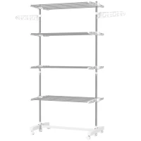 HOMCOM Mobiler Wäscheständer mit Rollen, 4 Ebenen, klappbar, Edelstahl, rostfrei, weiß+silber, 142 x 55 x 172 cm(m-1)