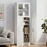 HOMCOM Meuble de salle de bain haut 6 niveaux, meuble de rangement avec 4 portes dont 2 vitrées et étagères réglables, blanc(m-8)