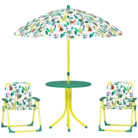 AIYAPLAY Conjunto Infantil de Mesa e Cadeiras de Jardim de 4 Peças Cadeiras Dobráveis Chapéu de Sol Desmontável Design de Selva Verde(m-1)