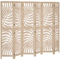 HOMCOM Paravent interieur en bois 6 panneaux 240 x 170 cm, pliable et portable, motif de feuille, design amovible, bois naturel(m-1)