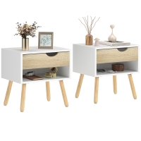 HOMCOM Set de 2 Mesitas de Noche Mesa Auxiliar Mesillas de Noche con Cajón y Estante de Almacenamiento para Dormitorio Salón Cama Oficina Estilo Moderno 50x39x51 cm Blanco y Roble