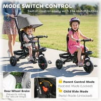 HOMCOM Dreirad mit Schubstange drehbarer Sitz 4-in-1 Kinderdreirad Kinder Fahrrad klappbar abnehmbar Kinderauto Metall EVA Grau 111,5 x 52 x 98 cm(m-4)