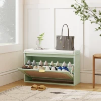 HOMCOM Banc à chaussures, banc de rangement, assise rembourrée, tiroir rabattable, porte en rotin, 80 x 26 x 47,5 cm, vert(m-8)