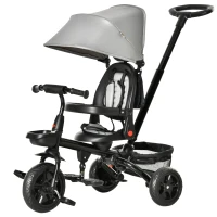 HOMCOM Dreirad mit Schubstange drehbarer Sitz 4-in-1 Kinderdreirad Kinder Fahrrad klappbar abnehmbar Kinderauto Metall EVA Grau 111,5 x 52 x 98 cm(m-7)