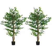 HOMCOM Lot de 2 plantes artificielles ficus hauteur 1,50 m tronc branches liane lichen feuilles grand réalisme pot inclus vert(m-11)