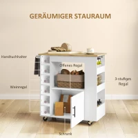 HOMCOM Keukenwagen, verrijdbaar keukeneiland, keukentrolley met vakken, wijnrekken, kast en werkblad, wit(m-4)