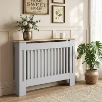 HOMCOM Slatted Radiator Cover, Painted Cabinet with Line Grill Design, 112L × 19W × 81H cm, Grey(m-2)