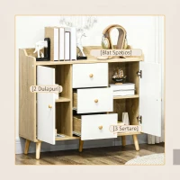 HOMCOM Bufet Modern din PAL si Lemn de di Pin cu 3 Sertare si 2 Dulapioare cu 2 Niveluri, 90x32x80 cm, Alb si Lemn Natur(m-4)