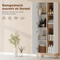 HOMCOM Meuble de Salle de Bain, Meuble de Rangement, 2 Portes, 4 Compartiments Ouverts et Étagères Réglables, Blanc et Naturel(m-4)